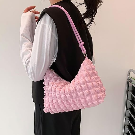 Velmora Pink Puffy Shoulder Bag – Lightweight Nylon Tote for Women
