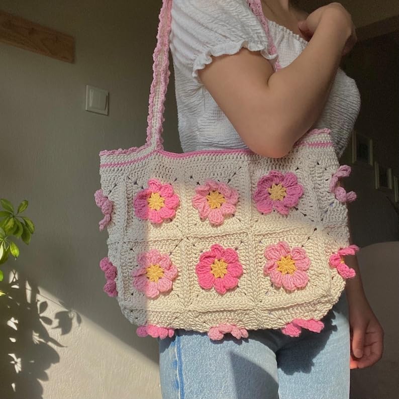Velmora Crochet Sunflower Tote Bag – Handmade Cotton Boho Shoulder Bag for Women