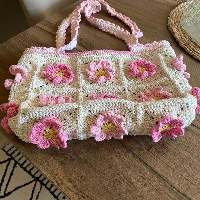 Velmora Crochet Sunflower Tote Bag – Handmade Cotton Boho Shoulder Bag for Women