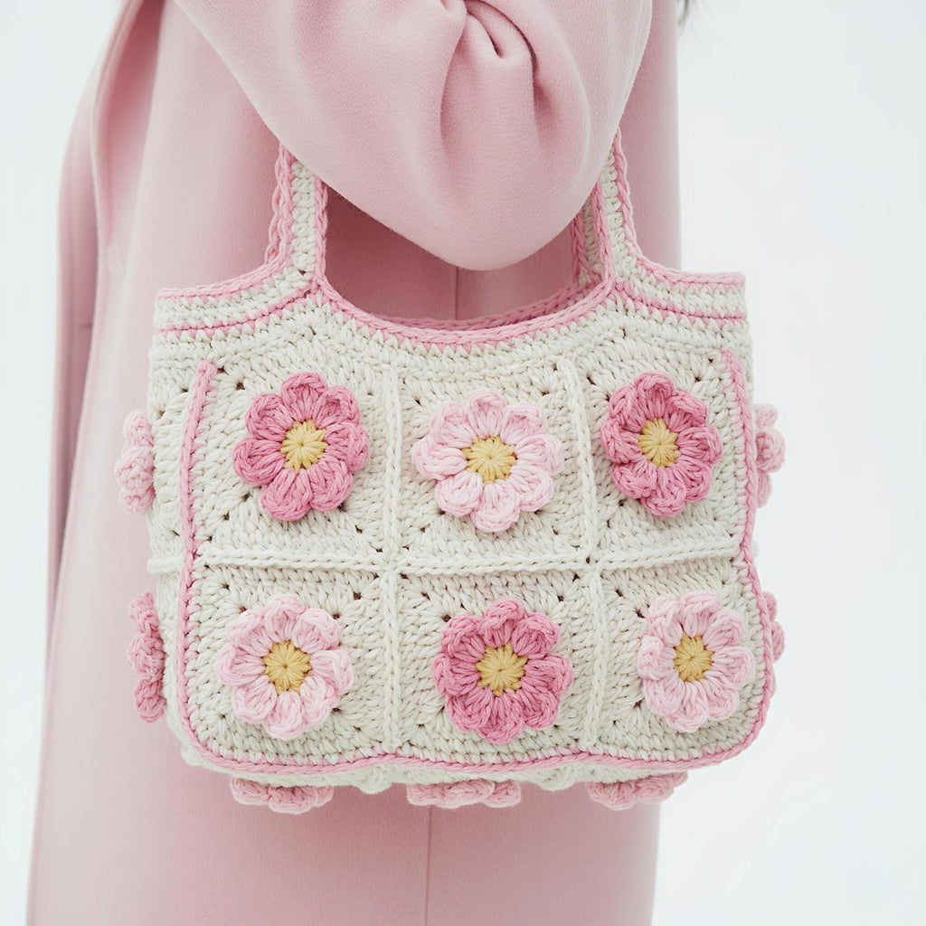 Velmora Crochet Sunflower Tote Bag – Handmade Cotton Boho Shoulder Bag for Women